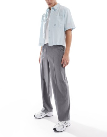 Pull&Bear wide leg tailored trouser in grey