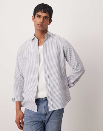 Mango smart linen striped shirt in blue
