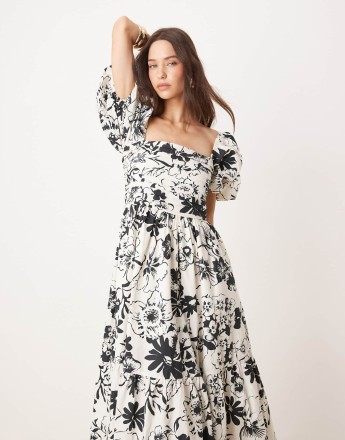 Abercrombie & Fitch Emerson floral midi dress with puff sleeves in black/white