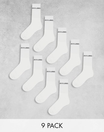 Jack & Jones 9 pack ribbed logo socks in white
