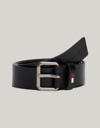 Tommy Jeans Leather Roller Buckle Belt in Black