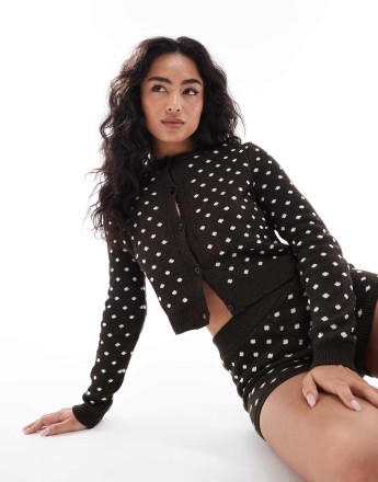 Miss Selfridge knitted polka dot shrunken cardigan in brown