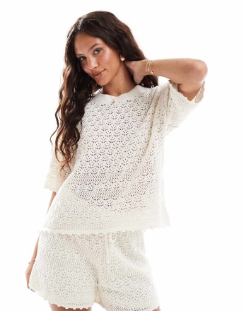 Vero Moda crochet boxy tee co-ord in birch cream