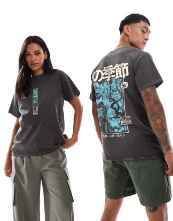 PRNT Vintage geisha front and back print washed t-shirt in charcoal overdye