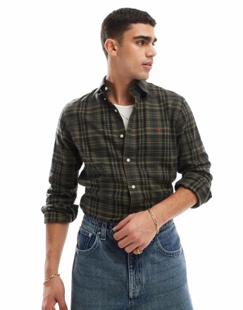 Polo Ralph Lauren icon logo check performance brushed twill shirt in dark green