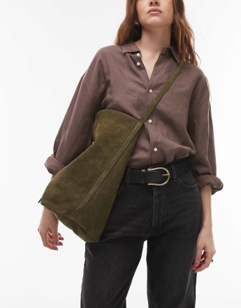 Topshop Luna real suede leather tote bag in olive