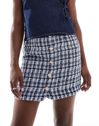 YAS boucle mini skirt with button front in blue check - BLUE