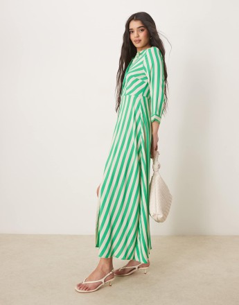 YAS maxi shirt dress in green and white stripe