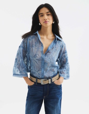 River Island Petite floral embroidered shirt in blue