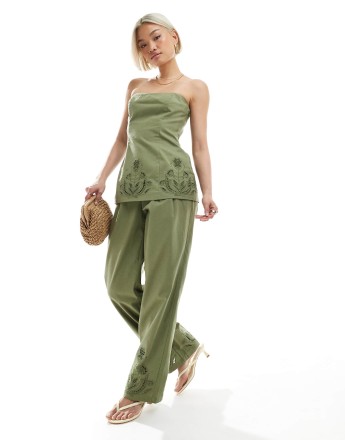 4th & Reckless linen blend flower cutwork detail wide leg trousers co-ord in olive green