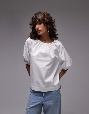 Topshop poplin puff sleeve top in ivory