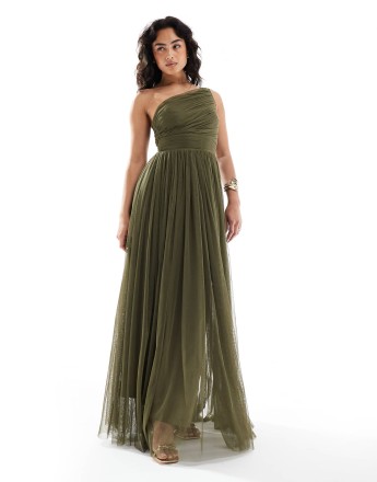 Lace & Beads Bridesmaid one shoulder maxi dress in deep olive