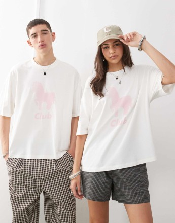 COLLUSION Unisex white t-shirt with pink pony club graphic