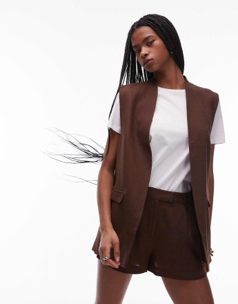 Topshop co ord linen chuck on sleeveless blazer in chocolate