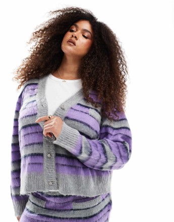 Renee Studio Plus exclusive knitted diamante star button detail cardigan co-ord in brushed purple stripe