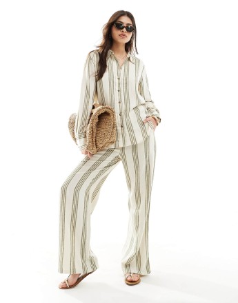 JDY wide leg linen mix trouser co-ord in sage and white stripe