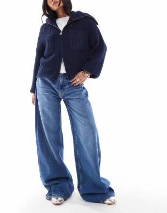 Bershka Petite high waisted wide leg jeans in dark wash