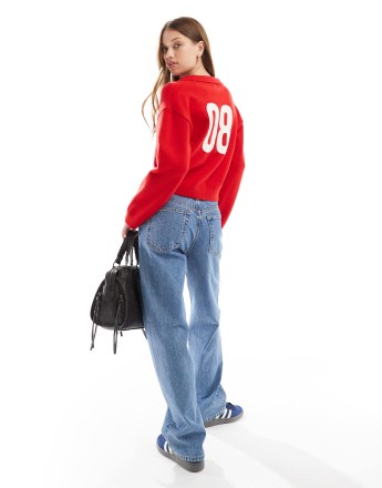 Cotton On knitted v neck polo sweater with back graphic in red