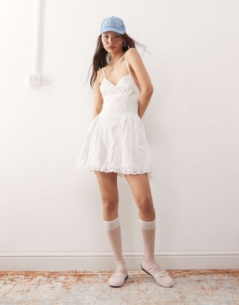 Reclaimed Vintage mini broderie summer dress with ruffles and dropped waist in white