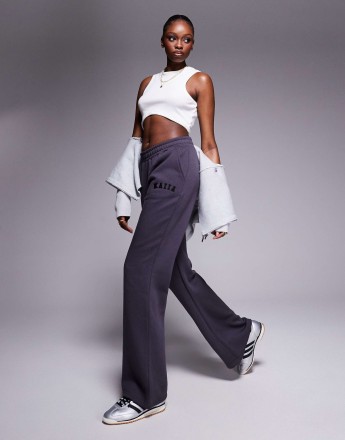 Kaiia Tall embroidered logo wide leg joggers in dark grey