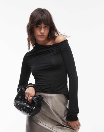 & Other Stories jersey ruched one shoulder top with long sleeves in black