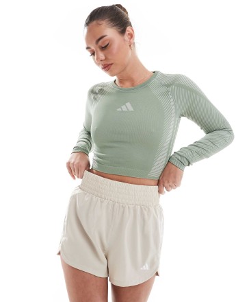 adidas Training seamless long sleeve crop top in silver green