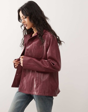 Reclaimed Vintage 90's distressed faux leather blazer coat in burgundy