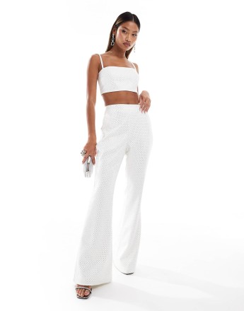 Lavish Alice crystal embellished fit and flare trousers in white