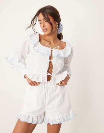 Glamorous boho ruffle boxer style shorts in white co-ord