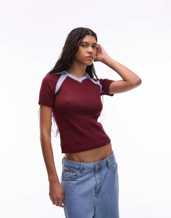 Topshop knitted football polo in burgundy and blue