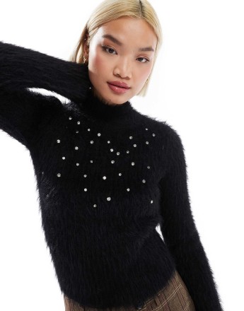 Miss Selfridge embellished lash funnel neck long sleeve jumper in black
