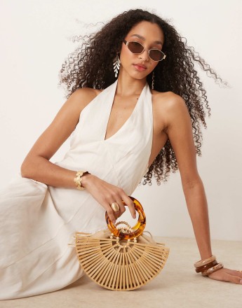Mango linen mix halter neck midi dress in white