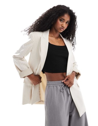 Stradivarius blazer in beige pinstripe