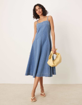 Nobody's Child Anita a-line panelled strappy midi dress in mid vintage wash