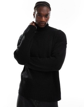 COLLUSION oversized heavy weight roll neck jumper in black