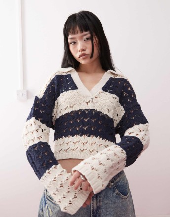 Monki open stich knitted polo in black & beige