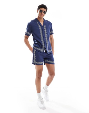 Native Youth double gauze embroidered short co-ord in navy