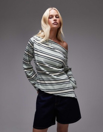 Topshop jersey stripe asymmetrical long sleeve top in green stripe