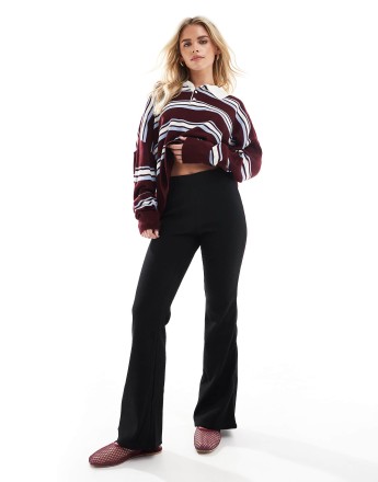 ONLY Petite high waist ribbed flare trousers in black - BLACK