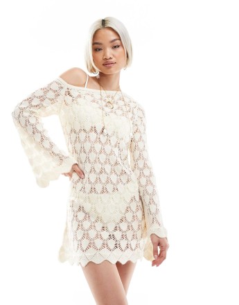 Miss Selfridge knitted asym pointelle flare sleeve mini dress in cream