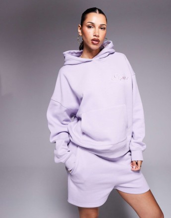 Kaiia Studio embroidered swirl logo oversized hoodie co-ord in lilac and pink