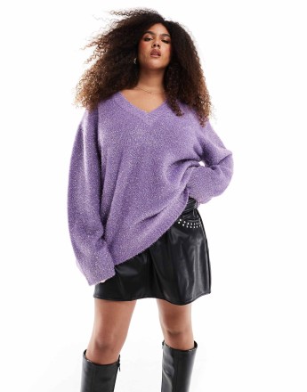 Renee Studio Plus x Michelle Nayla exclusive tinsel v neck wide sleeve jumper in purple
