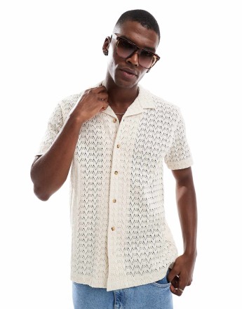 Superdry Knitted texture shirt in ecru crochet