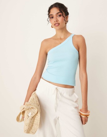 Abercrombie & Fitch one shoulder asymetric ribbed tank top in blue