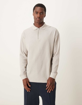 New Look textured long sleeve polo shirt in stone
