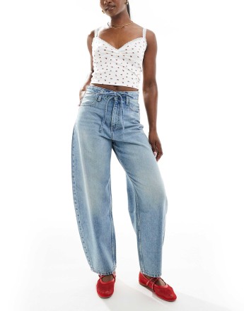 Bershka tie front barrell leg jeans in mid wash