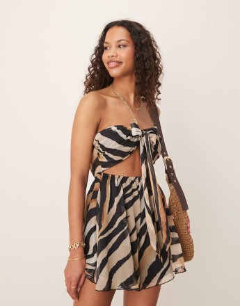 Miss Selfridge beach chiffon tie front playsuit in zebra print