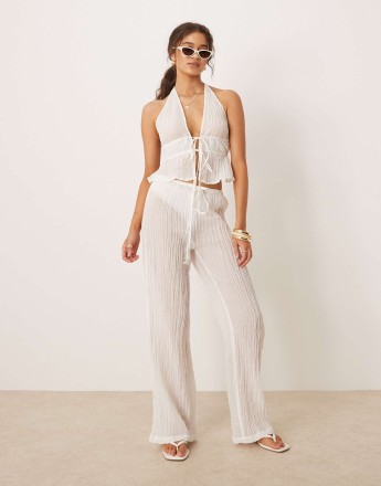 Mango ramie crinkle tie waist co-ord trouser in white