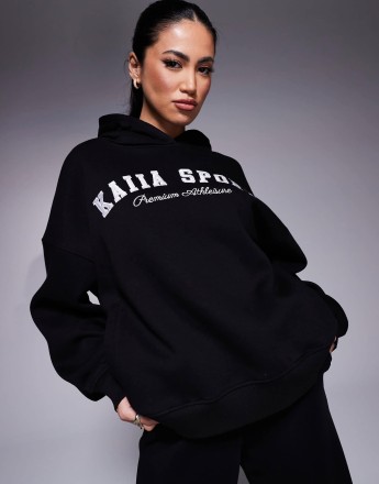 Kaiia sport embroidered logo oversized hoodie in black and white