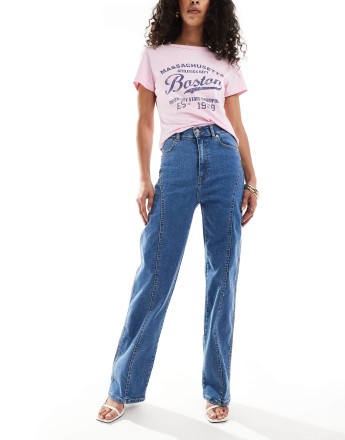 Dr Denim Moxy straight leg curve cut leg jeans in vale sky plain midwash blue